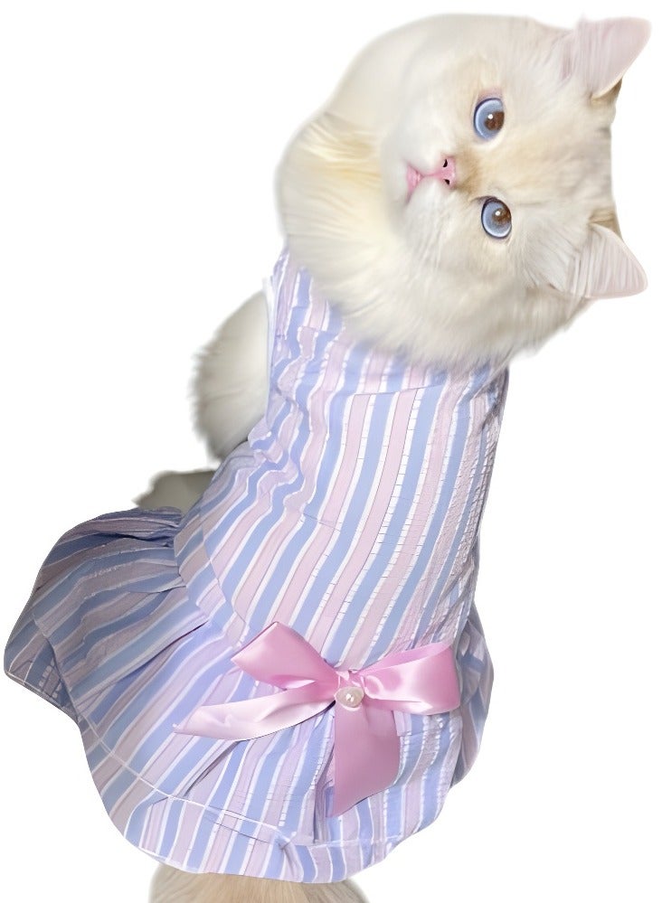 A.M Polycotton Small Dog Cat Girl Casual Dress Cute Bowknot Tutu Summer Dress Striped Dog Clothes for Small Dogs, Cat Pet Apparel Outfits - Image 1
