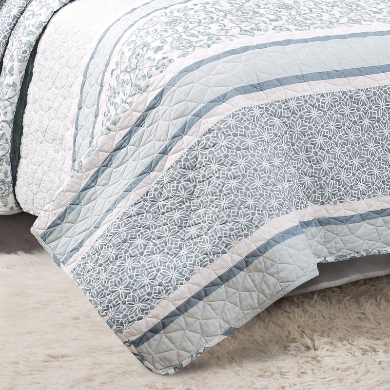 Lush Decor Nisha Reversible Cotton Quilt Queen Size 3 Piece Set Full/Queen Blue - Striped Bedding Set Queen Quilt - Blue Quilts - Cottage Core Decor - Image 5