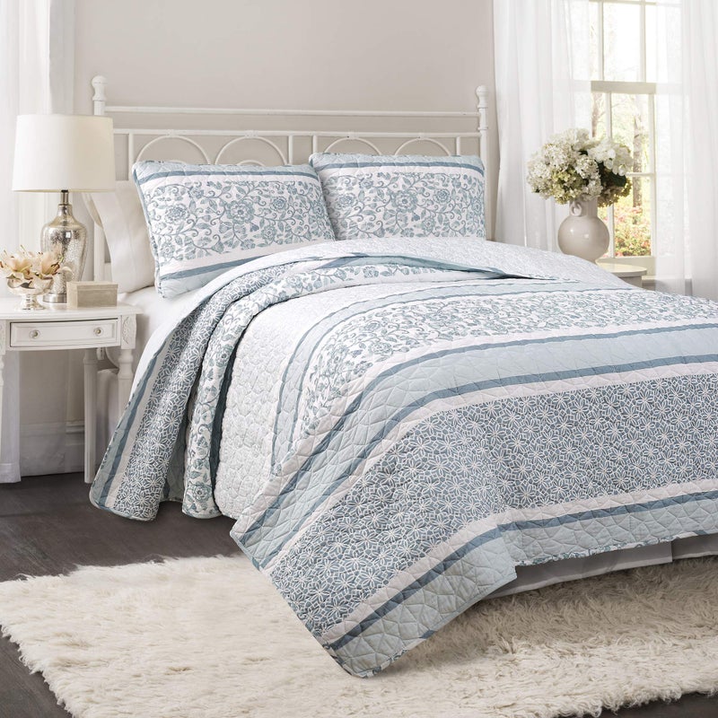 Lush Decor Nisha Reversible Cotton Quilt Queen Size 3 Piece Set Full/Queen Blue - Striped Bedding Set Queen Quilt - Blue Quilts - Cottage Core Decor - Image 3