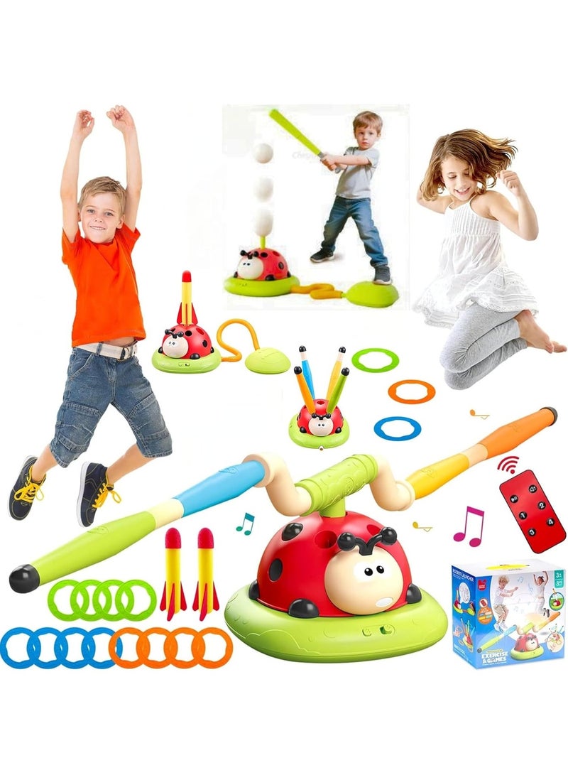 MAGIC VAULT آلة تمارين 4 في 1 على شكل خنفساء للأطفال – مجموعة ألعاب متعددة مع قاذف صواريخ، لعبة رمي الحلقات، حبل قفز وموسيقى | لعبة رياضية داخلية وخارجية للأولاد والبنات من عمر 3 سنوات فما فوق - Image 1