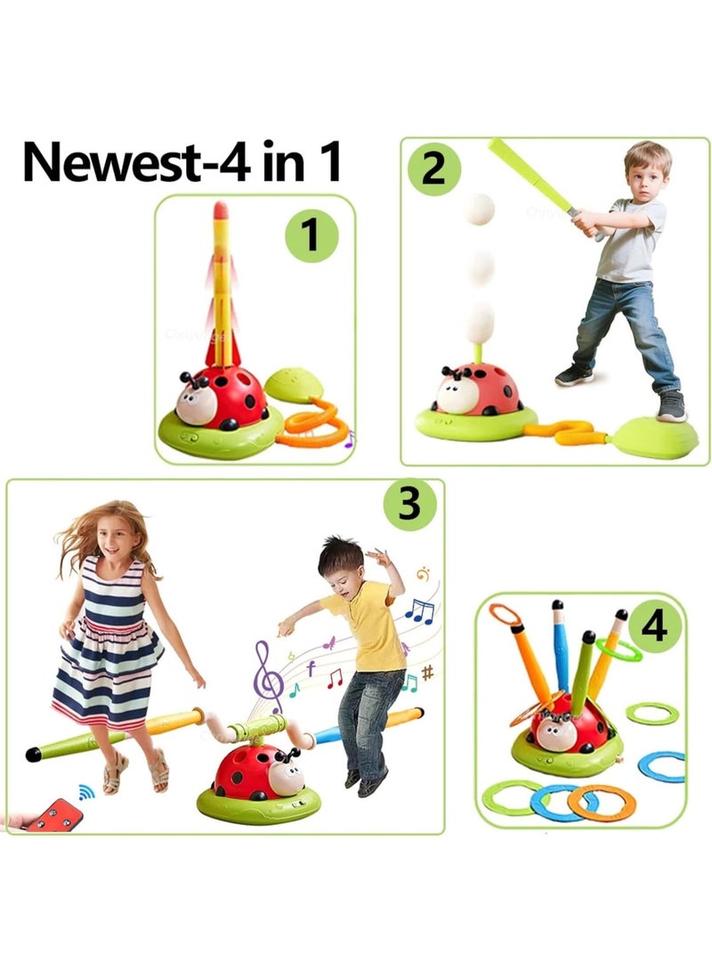 MAGIC VAULT آلة تمارين 4 في 1 على شكل خنفساء للأطفال – مجموعة ألعاب متعددة مع قاذف صواريخ، لعبة رمي الحلقات، حبل قفز وموسيقى | لعبة رياضية داخلية وخارجية للأولاد والبنات من عمر 3 سنوات فما فوق - Image 3