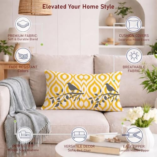 STITCHNEST Set of 2 Polycotton Cushion Covers – 12x18 Inches – Yellow & Grey Bird Cage Theme with Ikat and Chevron Prints – Modern Cushion Covers for Sofa & Living Room | Perfect for Home Decor - Image 4