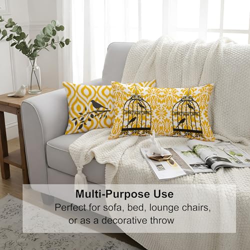STITCHNEST Set of 2 Polycotton Cushion Covers – 12x18 Inches – Yellow & Grey Bird Cage Theme with Ikat and Chevron Prints – Modern Cushion Covers for Sofa & Living Room | Perfect for Home Decor - Image 5