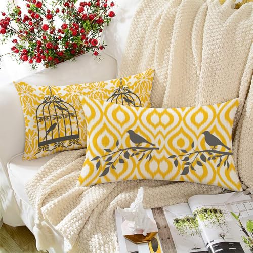 STITCHNEST Set of 2 Polycotton Cushion Covers – 12x18 Inches – Yellow & Grey Bird Cage Theme with Ikat and Chevron Prints – Modern Cushion Covers for Sofa & Living Room | Perfect for Home Decor - Image 1