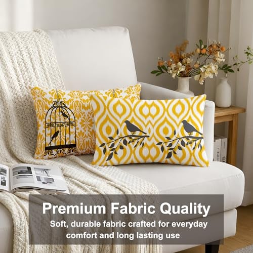 STITCHNEST Set of 2 Polycotton Cushion Covers – 12x18 Inches – Yellow & Grey Bird Cage Theme with Ikat and Chevron Prints – Modern Cushion Covers for Sofa & Living Room | Perfect for Home Decor - Image 3
