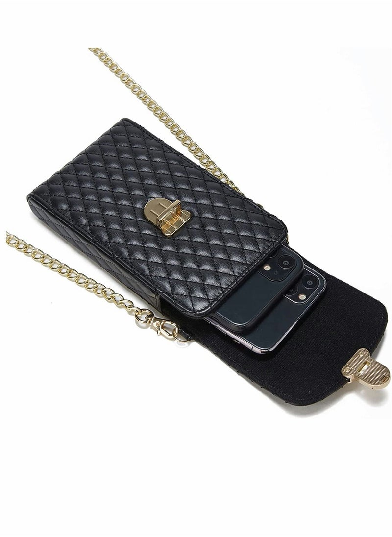 Generic Cell Phone Bag Women Crossbody Small Shoulder Handbags Luxury Quilted Wallet Purse Soft Vegan PU Leather Case Ladies Dating Bag with Gold Chain Strap (Black)  - Image 4