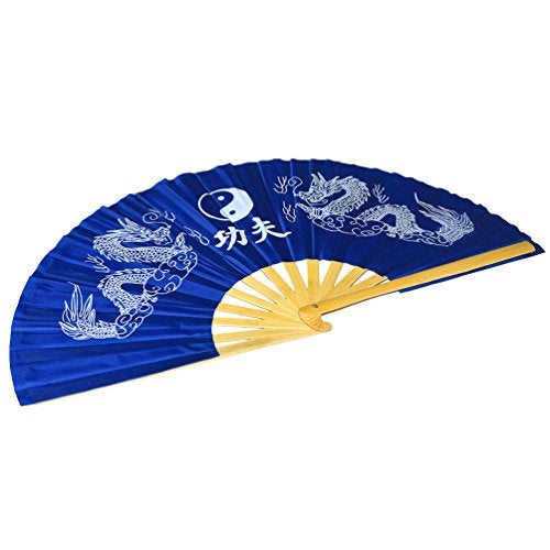 Medifier Chinese Kung Fu Tai Chi Fan Arts Dance/Practice Performance Bamboo Folding Fan (Dragon and Phoenix blue background) - Image 5