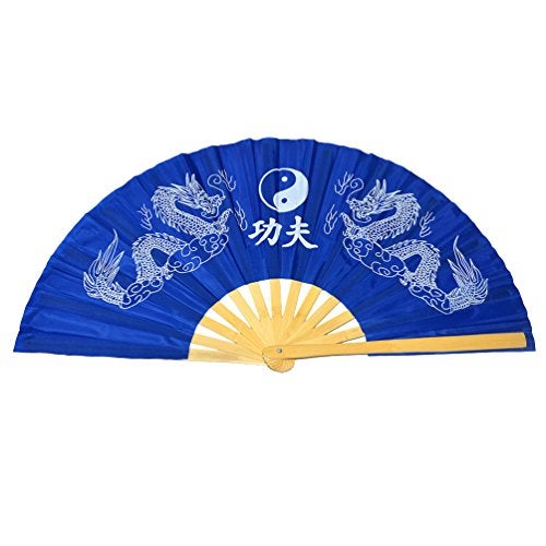 Medifier Chinese Kung Fu Tai Chi Fan Arts Dance/Practice Performance Bamboo Folding Fan (Dragon and Phoenix blue background) - Image 1
