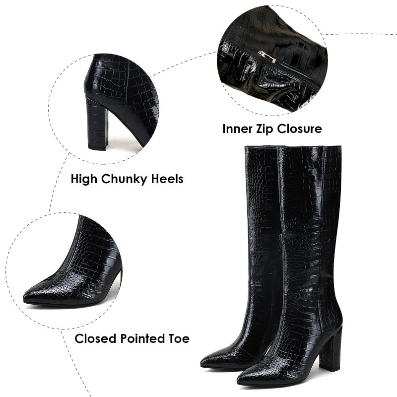 Modatope Black Knee High Boots for Women - Chunky Heel Riding Boot With Zipper, Faux Crocodile, Block Heel, Size 7 - Image 4