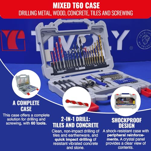 TIVOLY Drill Bit Set for Drilling and Screwing 60 Piece Case 8 Metal Drills 7 Wood Drills 4 Wood Bits 4 Concrete Bits 1 Bit Holder 30 Bits - Image 3