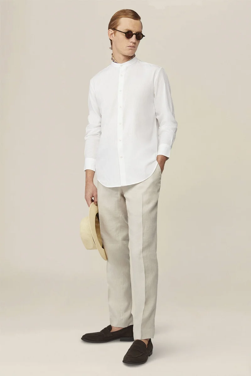 Doppelganger White Casual men's shirt with mandarin collar and half button fastening, washed linen and cotton fabric - White for Men | Best Price UAE