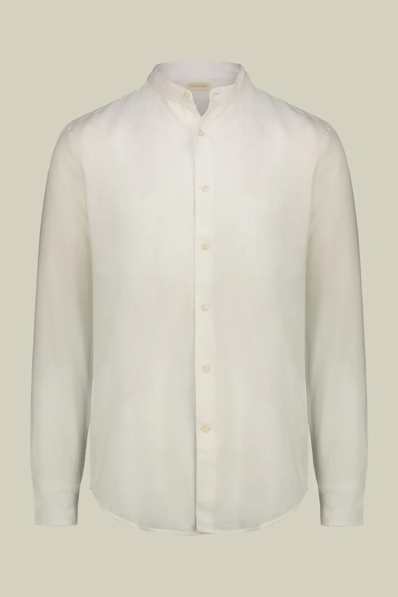 Casual men's shirt with mandarin collar and half button fastening, washed linen and cotton fabric - White