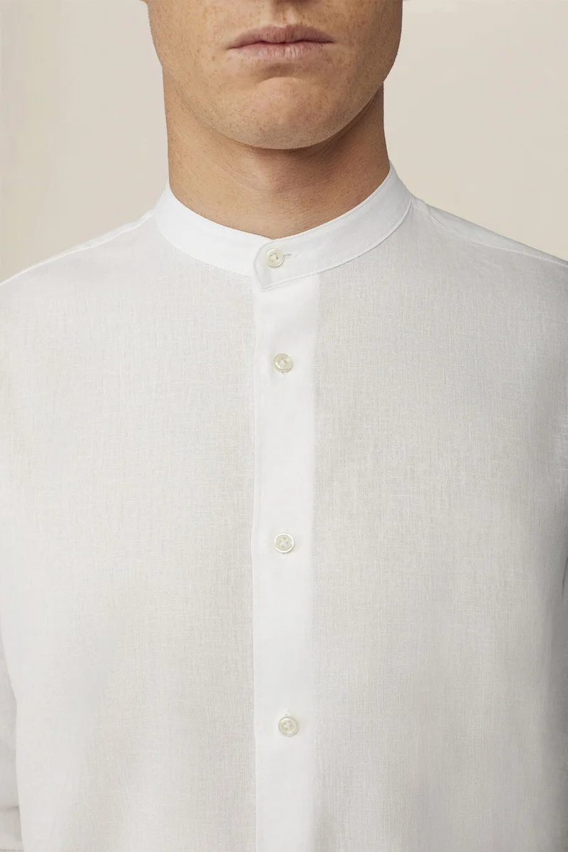 Doppelganger White Casual men's shirt with mandarin collar and half button fastening, washed linen and cotton fabric - White for Men | Best Price UAE