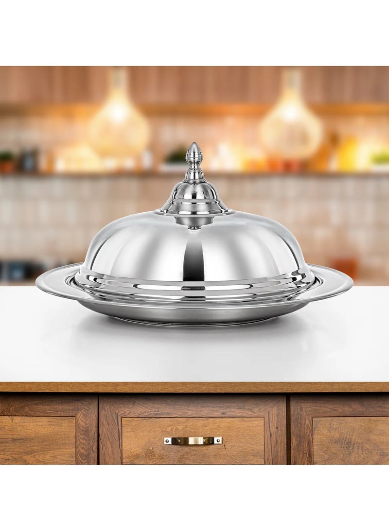 Almarjan Diwan Koozy Tray - 45CM Stainless Steel with Dome Cover, Mirror-Finish Serveware - Image 1