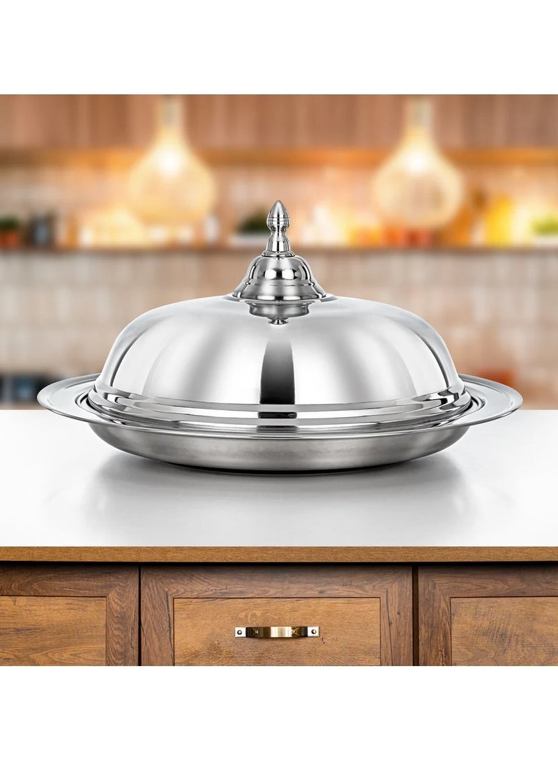 Almarjan Diwan Koozy Tray - 45CM Stainless Steel with Dome Cover, Mirror-Finish Serveware - Image 2