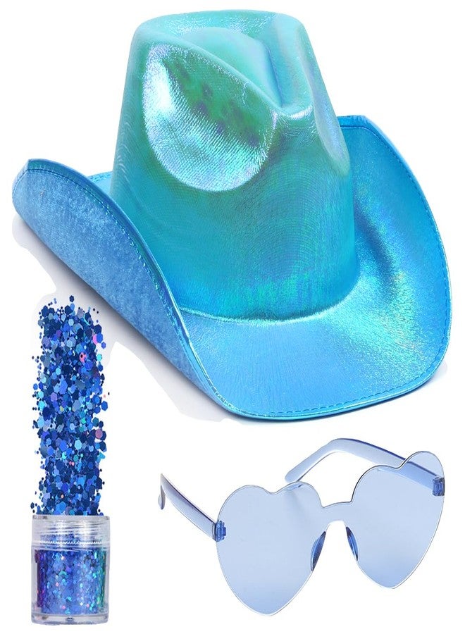 Funcredible Blue Cowboy Hat and Glasses - Blue Sparkly Holographic Cowboy Hat for Women - Cowgirl Costume Accessories - Space Cowgirl Costume - Image 1
