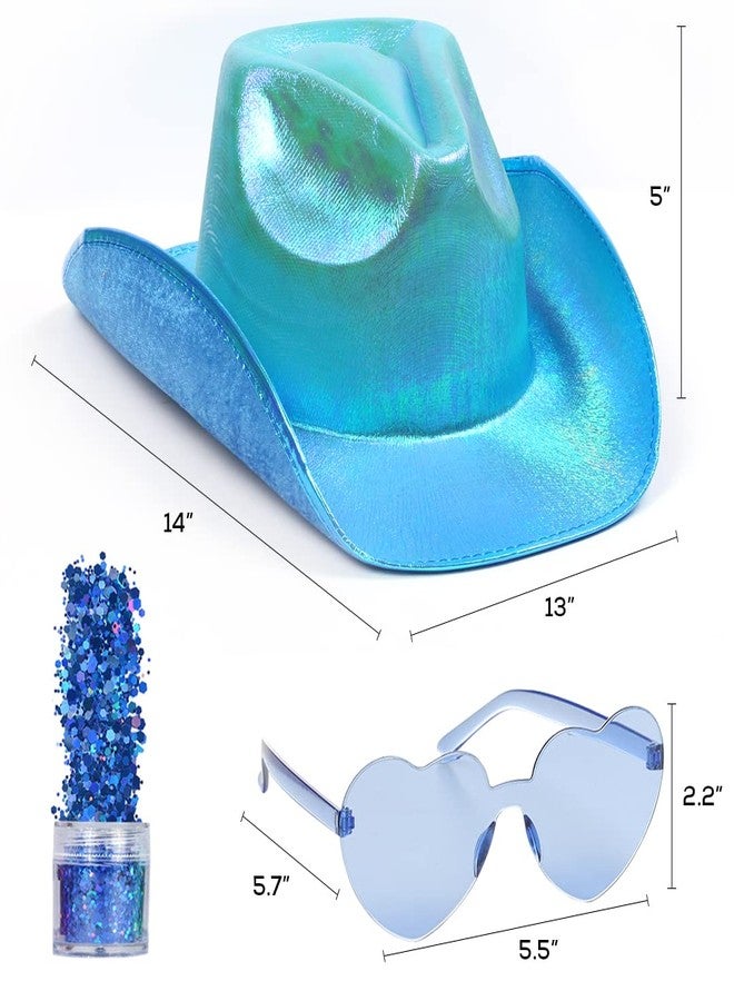 Funcredible Blue Cowboy Hat and Glasses - Blue Sparkly Holographic Cowboy Hat for Women - Cowgirl Costume Accessories - Space Cowgirl Costume - Image 2