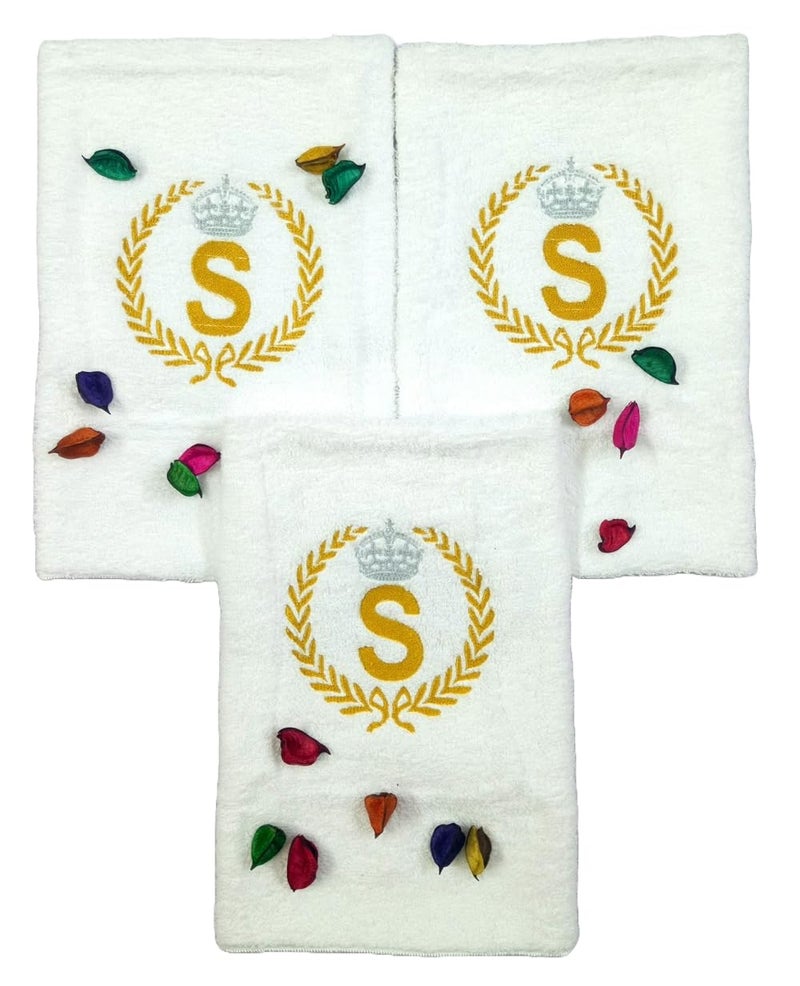 TurtleLittle, 100% Cotton, Golden Laurel Initials 3 Hand Towel Set, for Men and Women 600 GSM (Set of 3, White) - Image 1