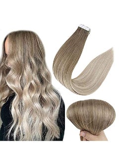 Full Shine Tape In Human Hair Extensions Ombre 14 Inch Color 8 Fading To 60 Platinum Blonde And 18 Ash Blonde Remy Hair Extensions 50 Gram Seamless Hair Extensions 20 Pieces  - Image 1