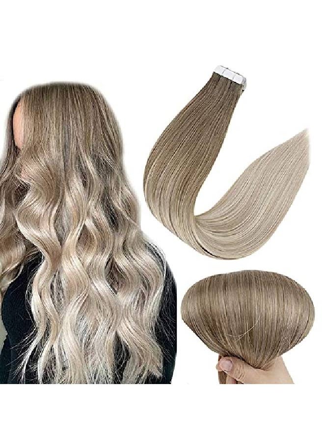 Full Shine Tape In Human Hair Extensions Ombre 14 Inch Color 8 Fading To 60 Platinum Blonde And 18 Ash Blonde Remy Hair Extensions 50 Gram Seamless Hair Extensions 20 Pieces  - Image 1