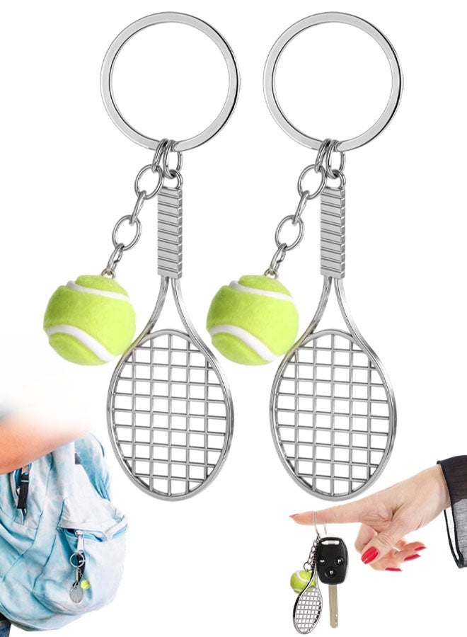 2 PCS Tennis Racket Keychain, Creative Metal Keychain Sport Keyring Tennis Ball Keyring - Image 1
