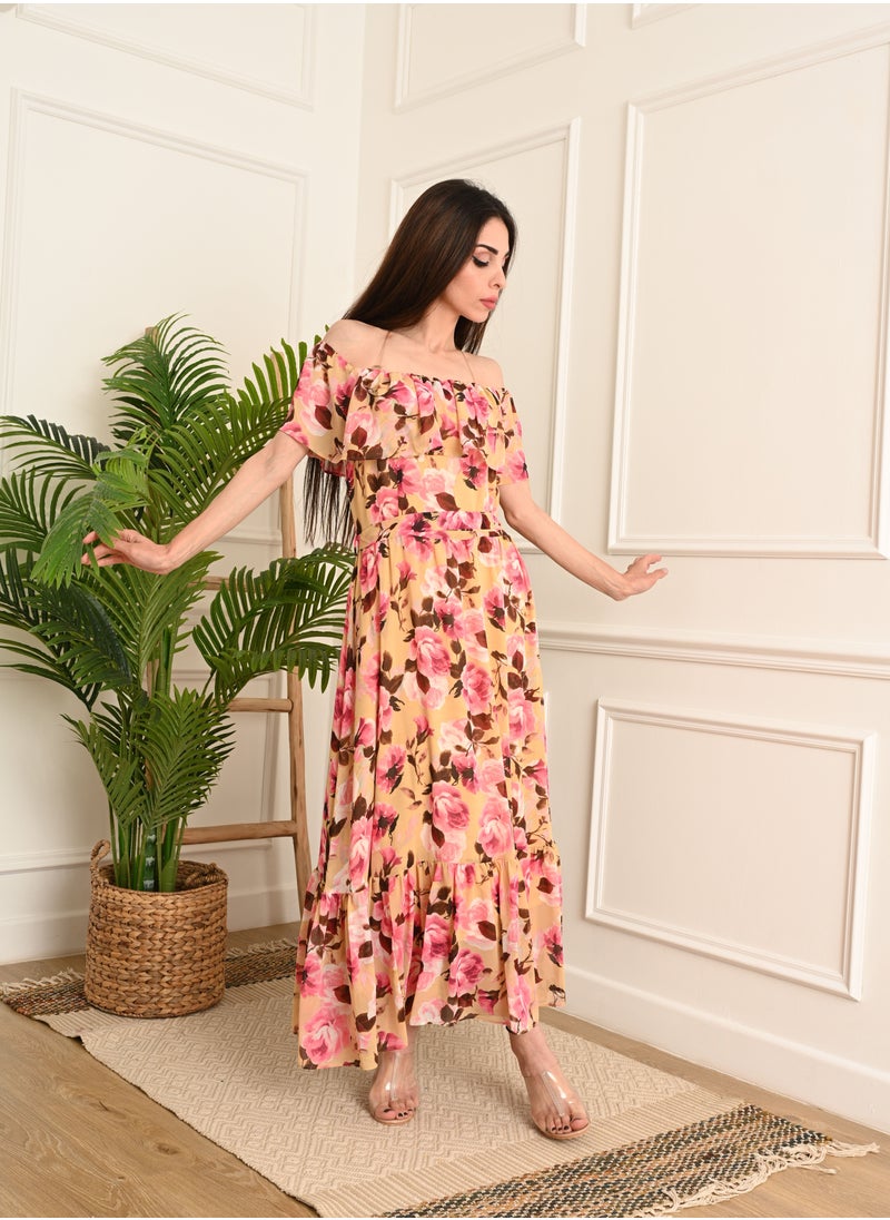 FULL JOY - Women Elegant long floral dress with a tie on the waist - Image 1