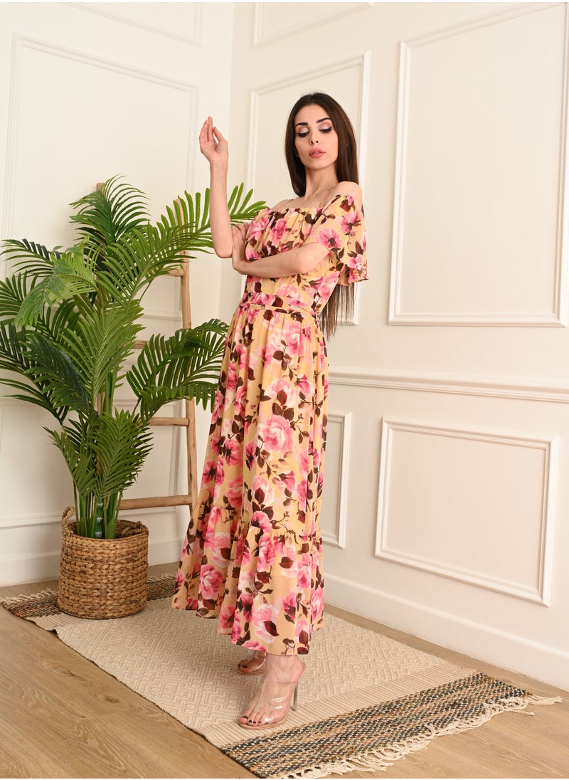 FULL JOY Women Elegant long floral dress with a tie on the waist  - Image 5