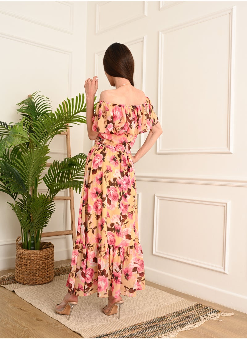 FULL JOY - Women Elegant long floral dress with a tie on the waist - Image 1