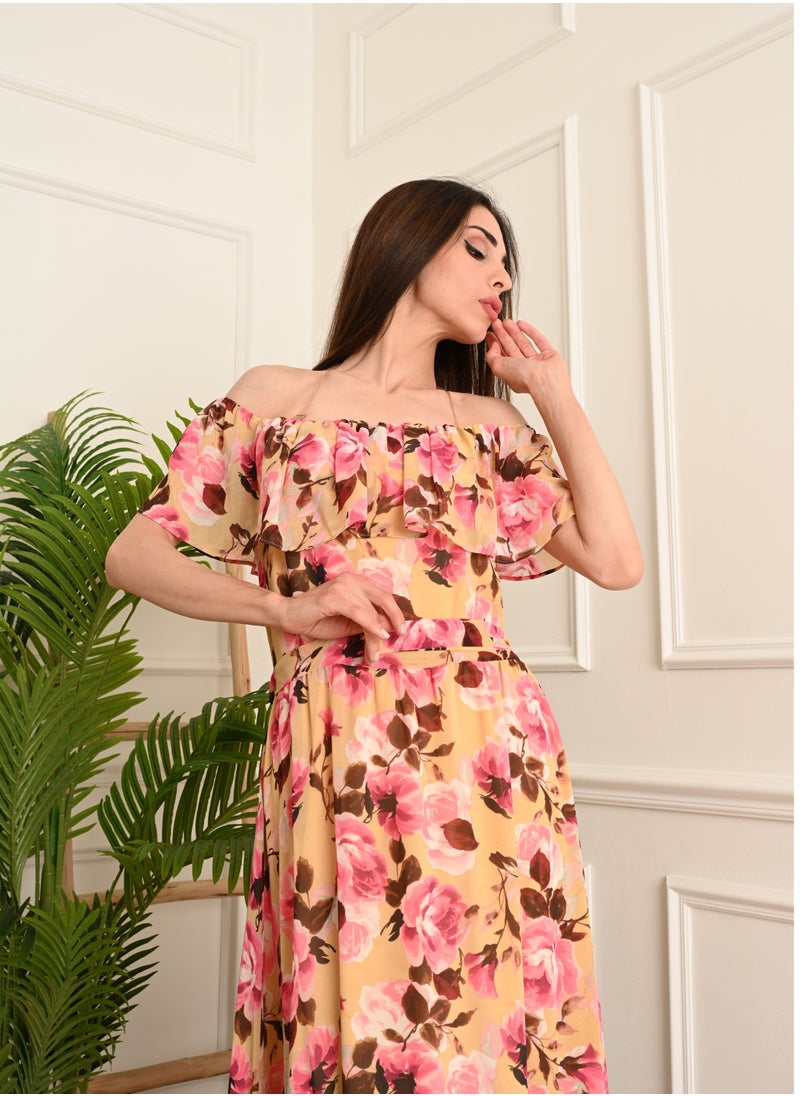 FULL JOY Women Elegant long floral dress with a tie on the waist  - Image 2