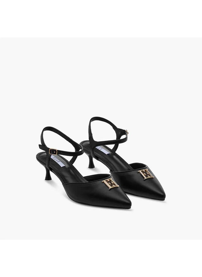 ELLE Women's Monogram Print Pointed Toe Sandals with Kitten Heels
