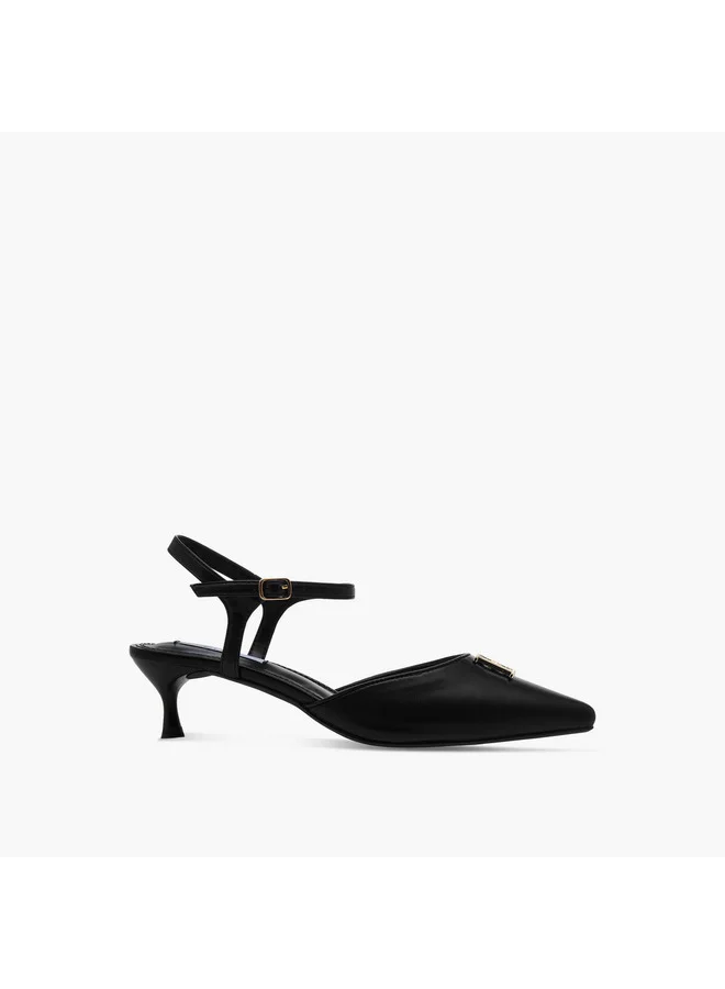 ELLE Women's Monogram Print Pointed Toe Sandals with Kitten Heels