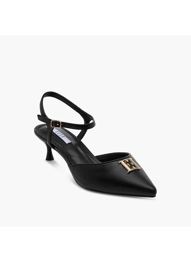 ELLE Women's Monogram Print Pointed Toe Sandals with Kitten Heels