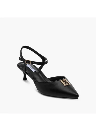 ELLE Women's Monogram Print Pointed Toe Sandals with Kitten Heels
