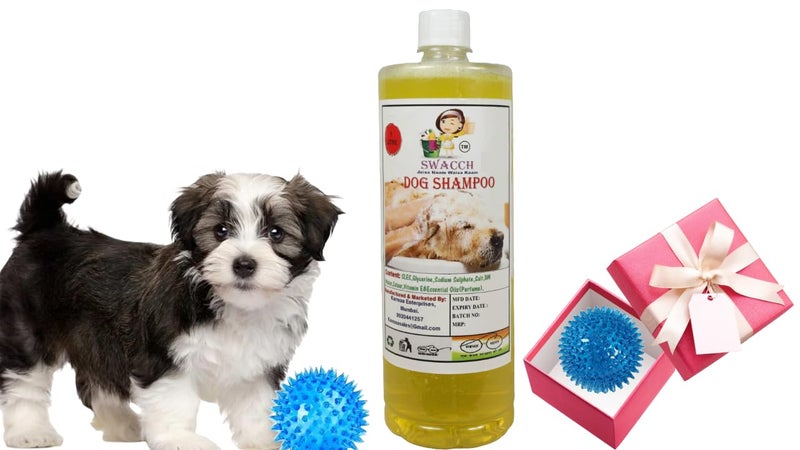 swacch Shampoo | Puppy Safe Shampoo | PH Balanced | Ditch to Itch for Dog Shampoo 1 Litre (Lemon) + Spike Ball Chew Toy Combo Pack - Image 1