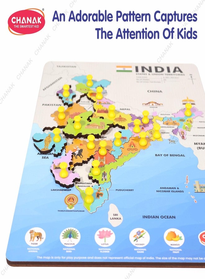 Chanak Wooden India Map Puzzle with Picture & States Name Educational Board for Kids, 18 Piece States Map Montessori Learning Puzzle for Toddlers & Preschoolers, Nursery & Kindergarten 2+ Years - Image 2