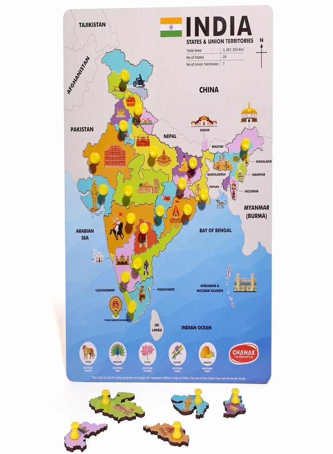Chanak Wooden India Map Puzzle with Picture & States Name Educational Board for Kids, 18 Piece States Map Montessori Learning Puzzle for Toddlers & Preschoolers, Nursery & Kindergarten 2+ Years - Image 1