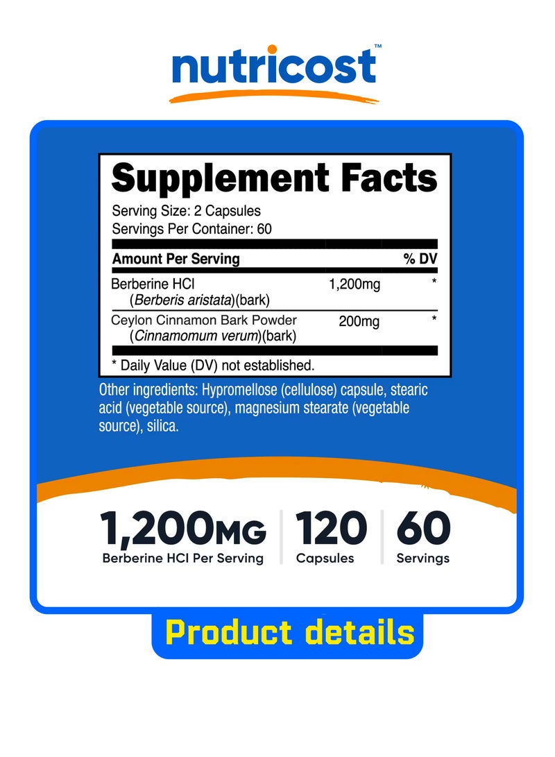 Nutricost Berberine HCl With Ceylon Cinnamon, 120 Capsules - Image 2