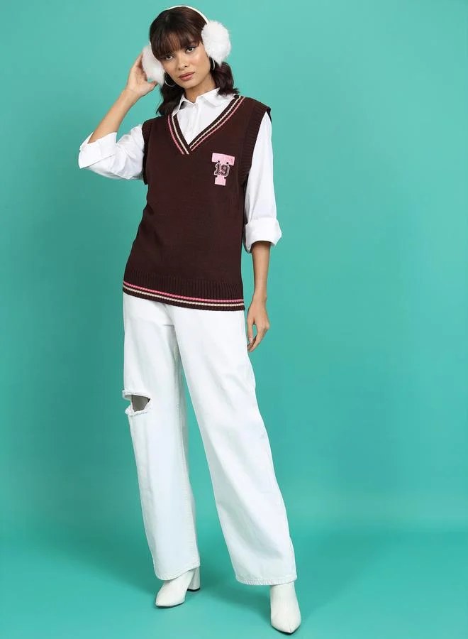 Tokyo Talkies Contrast Striped Trim V-Neck Sleeveless Sweater by Styli