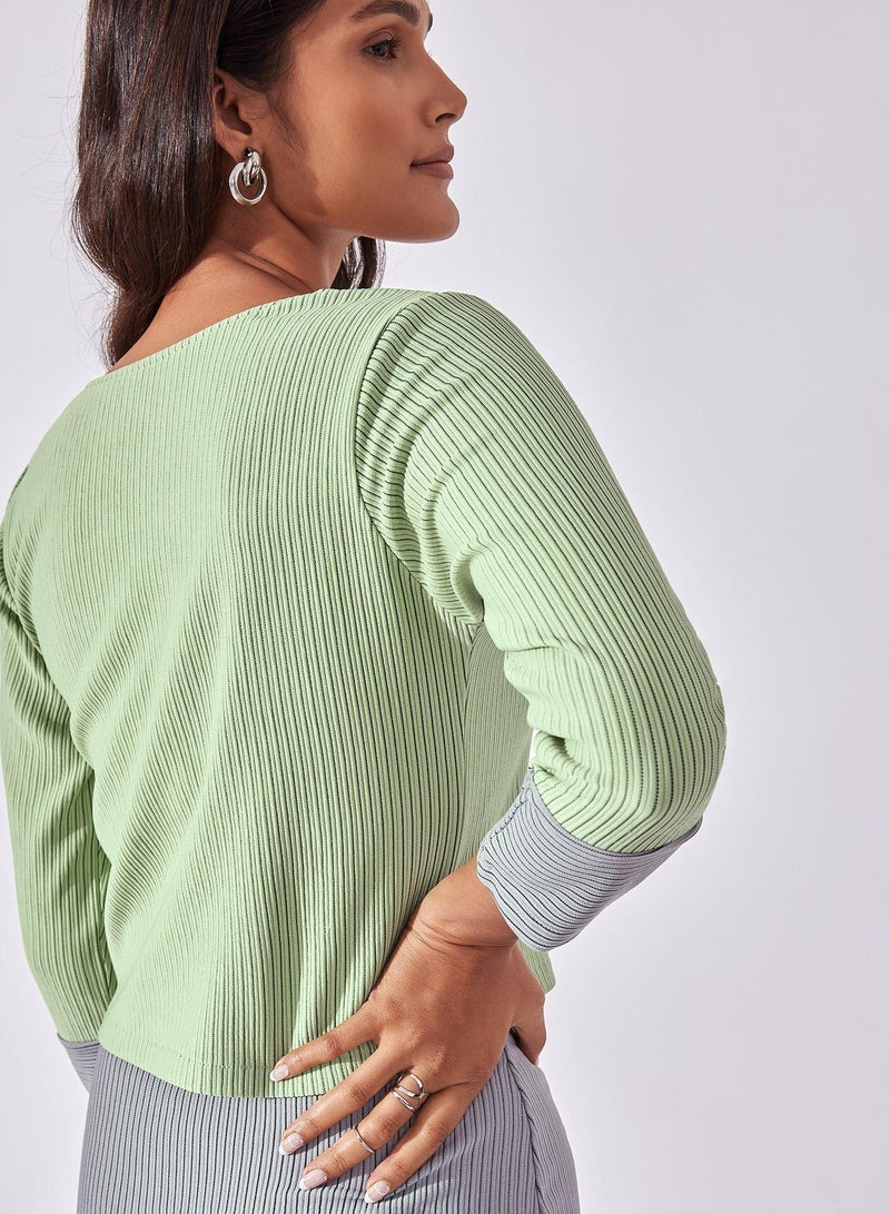The Label Life Women's Square Neck Top - Mint And Grey, Multicolour - Image 2