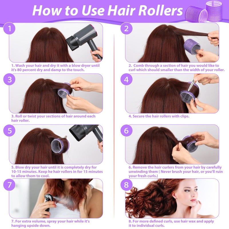 Acejoz Jumbo Hair Curlers Rollers, 12Pcs Hair Roller Curlers Self Grip Holding Rollers with12 Stainless Steel Duckbill Clips for Long Hair Volume (Purple) - Image 4