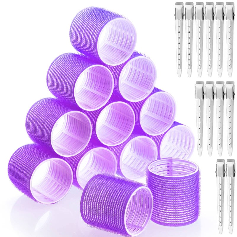 Acejoz Jumbo Hair Curlers Rollers, 12Pcs Hair Roller Curlers Self Grip Holding Rollers with12 Stainless Steel Duckbill Clips for Long Hair Volume (Purple) - Image 1