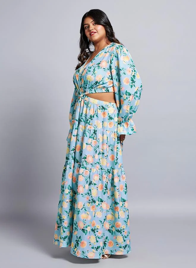 جلو باص فستان طويل بمقاس كبير وطبعة زهور