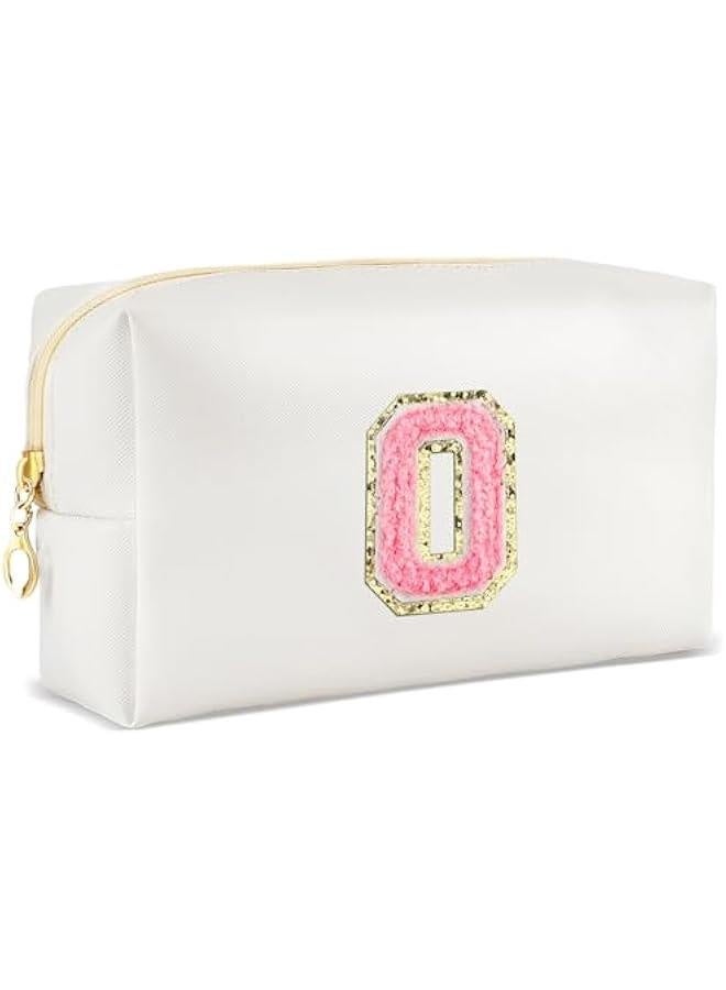 Initial Makeup Bag Personalized Preppy Travel Small Cosmetic Bag Cute PU White Chenille Letter Makeup Pouch for Purse Waterproof Zippered Toiletry Organizer for Women Girls Kids Friends (O) - Image 1