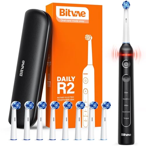 Bitvae R2 Rotating Electric Toothbrush for Adults with 8 Brush Heads Travel Case 5 Modes Rechargeable Power Toothbrush with Pressure Sensor 3 Hours Fast Charge for 30 Days Black