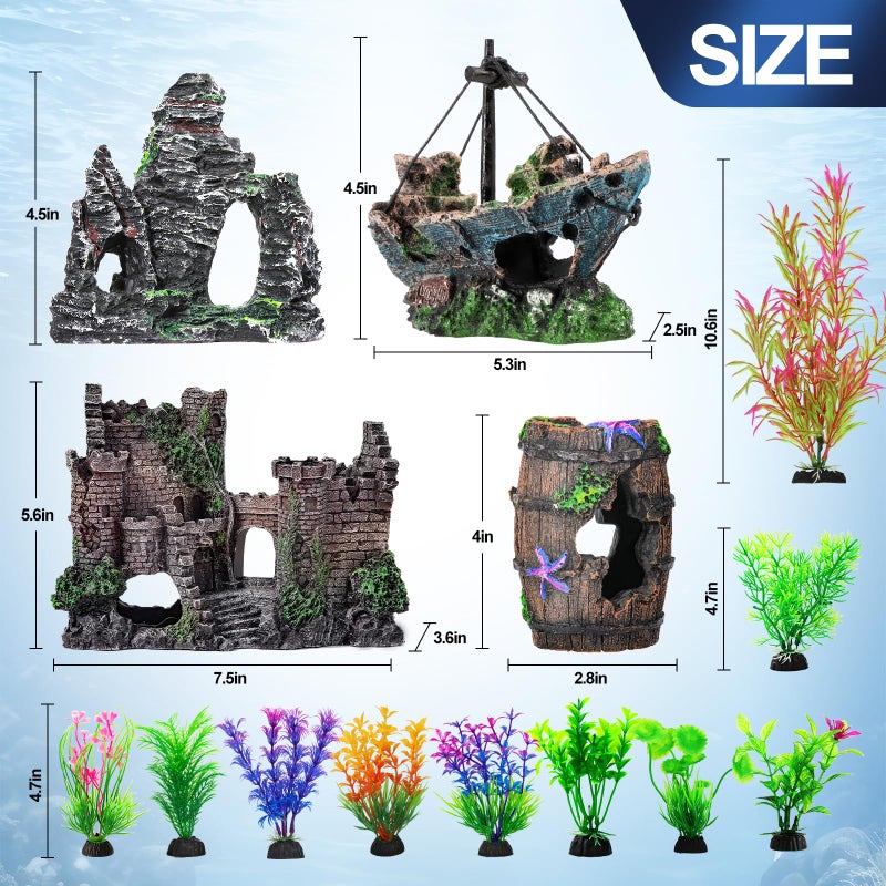 CousDUoBe 14 Pcs Aquarium Decorations Large Kitï¼ŒCastle Fish Tank Bubbler Decorationsï¼ŒStarfish Barrel, Resin Cave Rock,Resin Material Sunken Ship,Aquarium Plants Large Fish Bowl Ornaments - Image 2