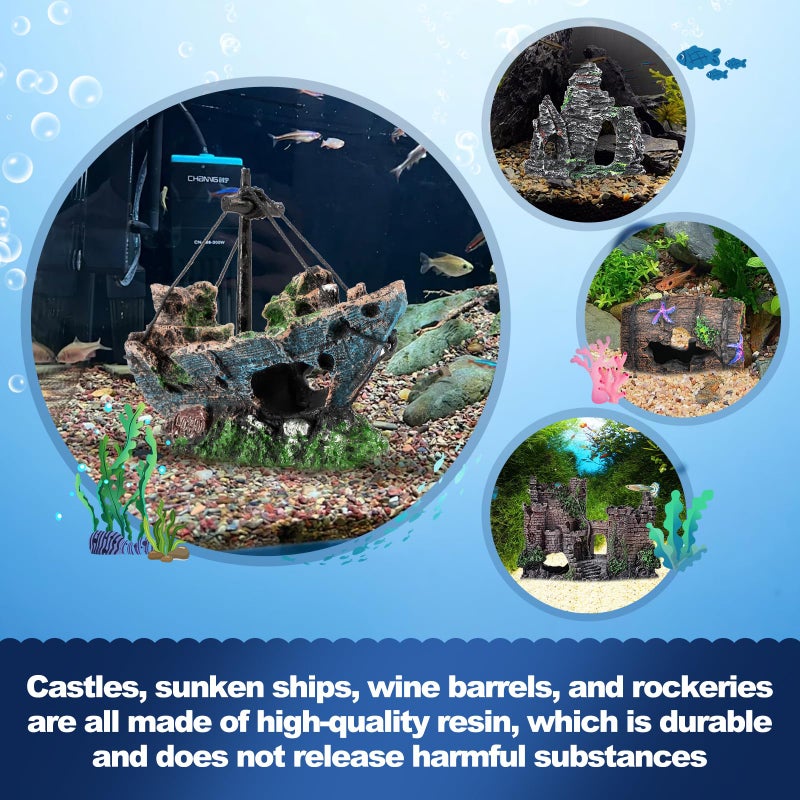 CousDUoBe 14 Pcs Aquarium Decorations Large Kitï¼ŒCastle Fish Tank Bubbler Decorationsï¼ŒStarfish Barrel, Resin Cave Rock,Resin Material Sunken Ship,Aquarium Plants Large Fish Bowl Ornaments - Image 5