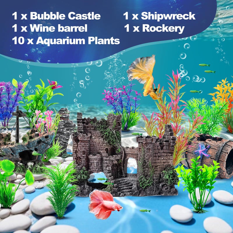 CousDUoBe 14 Pcs Aquarium Decorations Large Kitï¼ŒCastle Fish Tank Bubbler Decorationsï¼ŒStarfish Barrel, Resin Cave Rock,Resin Material Sunken Ship,Aquarium Plants Large Fish Bowl Ornaments - Image 3