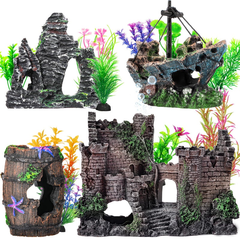 CousDUoBe 14 Pcs Aquarium Decorations Large Kitï¼ŒCastle Fish Tank Bubbler Decorationsï¼ŒStarfish Barrel, Resin Cave Rock,Resin Material Sunken Ship,Aquarium Plants Large Fish Bowl Ornaments - Image 1