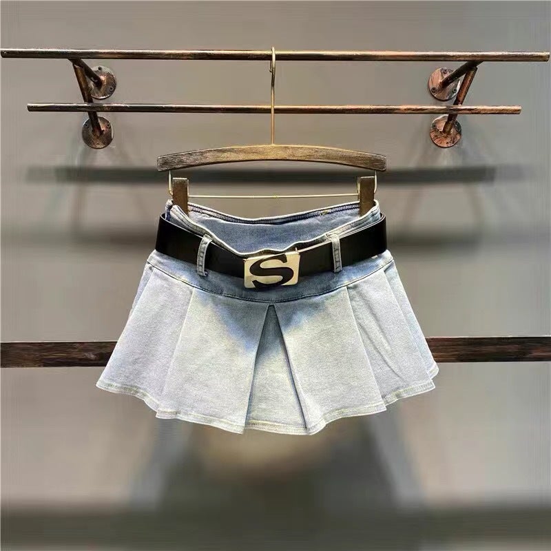 Girls Denim Skirt 2025 Elastic Elastic Waist Low A-Line Hip-Covering Denim Skirt - Image 3