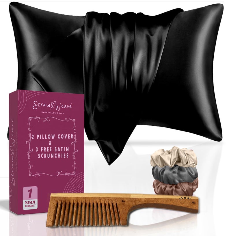 STRAW&WEAVE Wooden Comb&Satin Hair Accessories for Women|1 Year Warranty|with 2 Pillow Cover,3 Scrunchies&1 Kachi Neem Comb|Satin Silk Solid Pillow Covers for Hair and Skin,600 TC ,pack of 3 piece - Image 1